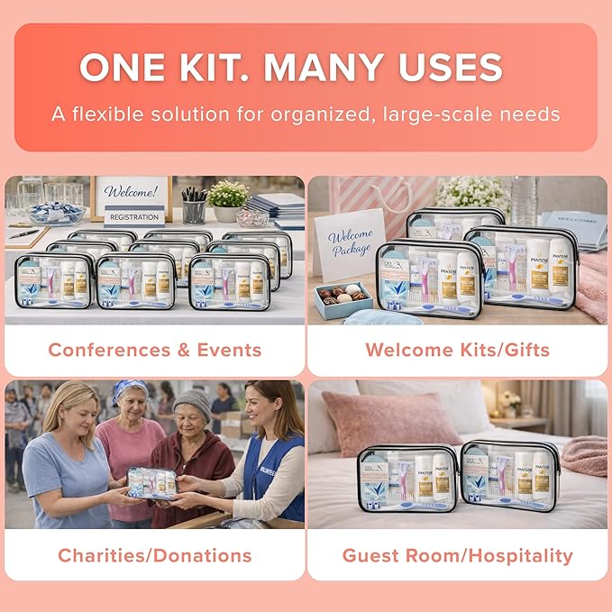 Bulk Women’s Hygiene Kits 15 Piece Travel Toiletry Kit with Shampoo Conditioner Body Wash Lotion Deodorant Razor Toothbrush Toothpaste Comb Flossers Swabs Bandages Wipes