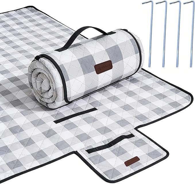 HX&OD Outdoor Picnic Blanket, Extra Large, 80''x80'' Waterproof Foldable Blankets Gingham Picnic Mat for Beach, Camping Grass Lawn Park Accessories Cute Couple Ideas Wedding (Gray, 80”x80”)