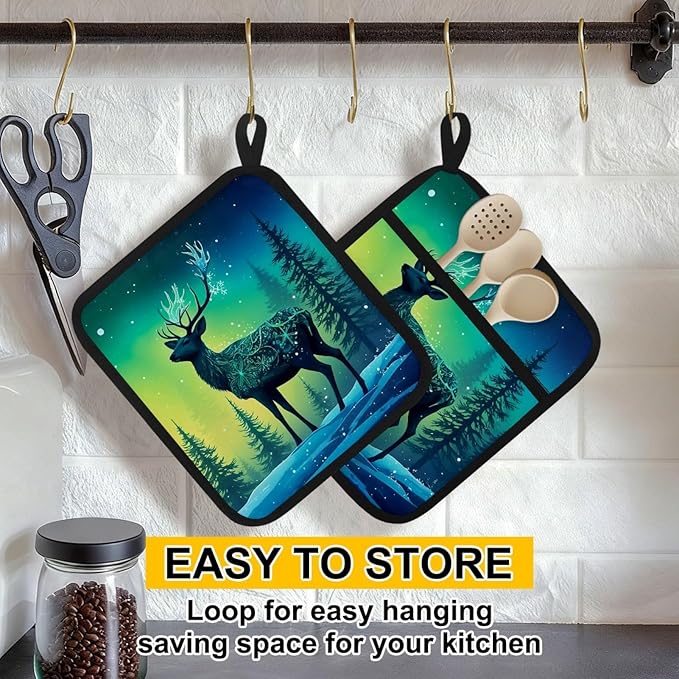 Fantasy Reindeer Pot Holders with Pockets 2 PCS, Heat Resistant Oven Mitts Hot Pads for Kitchen Baking Cooking, Square Thick Pot Holders Kitchen Hot Potholders, 8.5x10 Inches