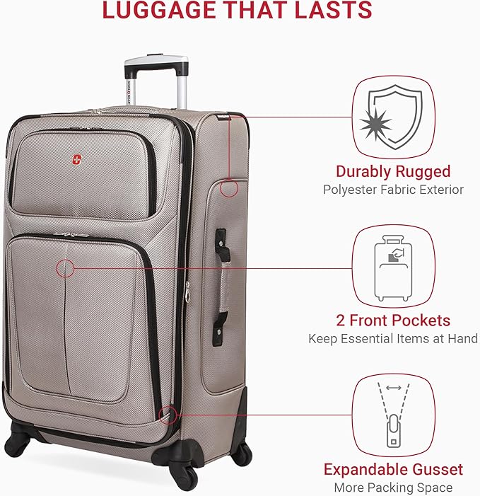 SWISSGEAR Sion Softside Expandable Spinner Luggage Durable Lightweight Travel Suitcase, Pewter, Checked-Large