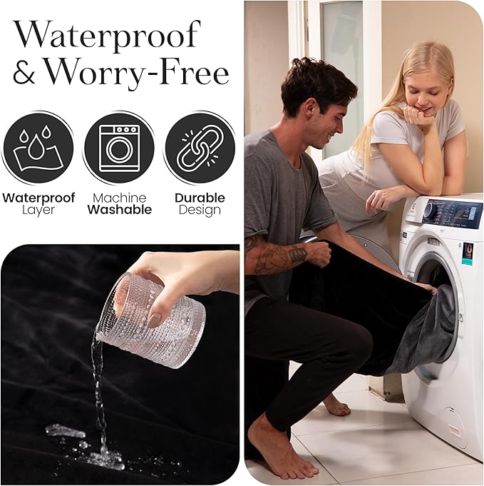 Waterproof Blanket for Bed Intimacy (82"x 82" King Size) Reversible Plush Fleece, Love Blanket, Moisture Absorbent TPU Layer Stain Proof Couch Bed Mattress Water Proof Cover Black/Gray