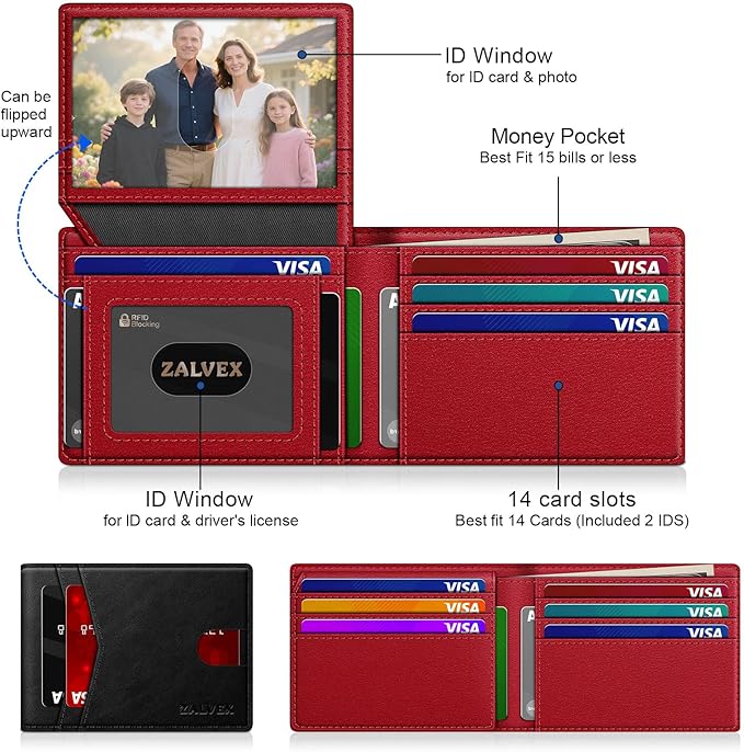 Wallet for Men Slim RFID Blocking Leather Credit Card Holder Wallet for 14 Cards, Bifold Minimalist Thin Wallet with 2 ID Windows & Cash Slot, Front Pockt Carteras Para Hombres, Birthday Gifts for Men