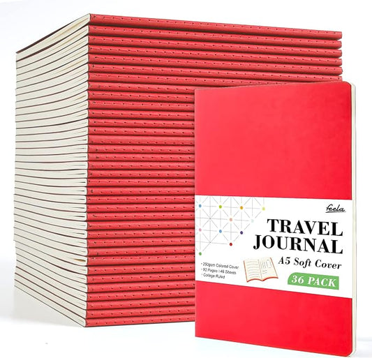 feela 36 Pack Soft Cover Journal Bulk, Lined Blank Travel Journal for Women Men Writing, Notebooks College Ruled for Work, Note Taking Notebook School Business Supplies, 8.2” x 5.5”, A5, Red