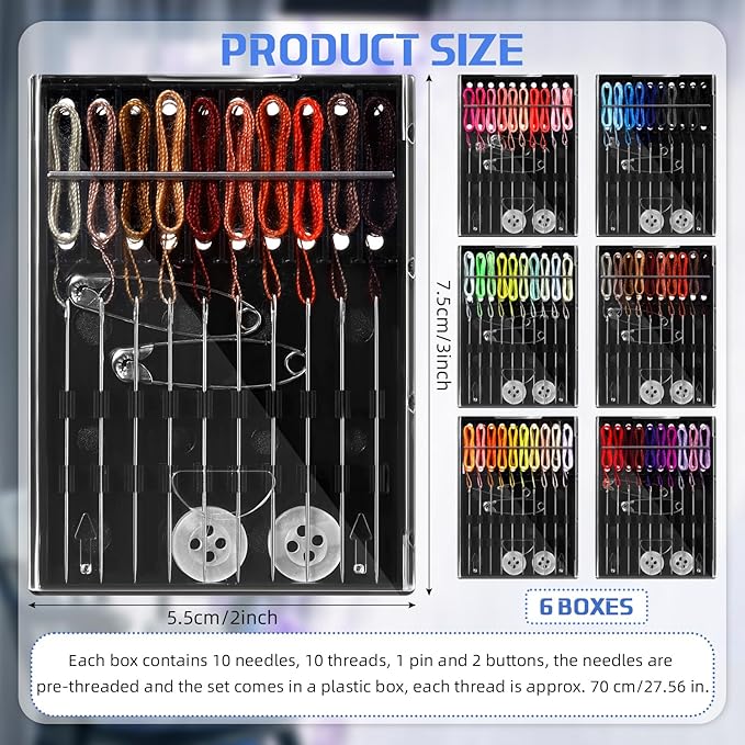 6 Boxes (60 Pcs) Pre Threaded Needle Kit Assorted Color (Mixed Color)