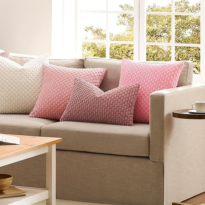 Kevin Textile Valentines 14x20 Inch Pillow Cover 1 Pack Boho Decorative Soft Striped Corduroy Lumbar Farmhouse Accent Rectangle Cushion Case for Living Room Couch Sofa Bed, Pink