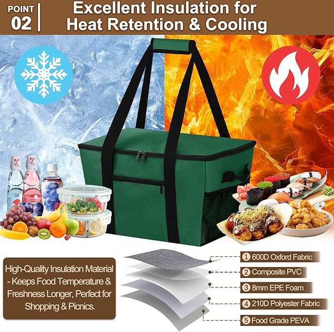 Reusable Grocery Bag – Expandable Insulated Cooler Bag with Bottom Board, Collapsible Insulated Shopping Bag with Zipper & Drawstring, Heavy Duty Tote Bag for Shopping, Delivery, Picnic, Beach