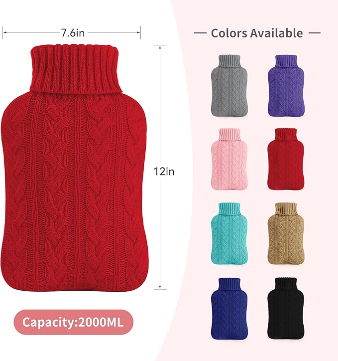 samply Hot Water Bottle with Knitted Cover, 2L Hot Water Bag for Hot and Cold Compress, Hand Feet Warmer, Ideal for Menstrual Cramps, Neck and Shoulder,Red