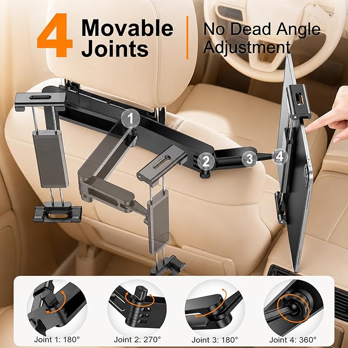 Tablet Holder for Car, 3 in 1 Extension Arm Adjustable Car Headrest Tablet Holder Road Trip Essentials Back Seat Tablets Cars Mount Compatible with iPad Pro, Air, Mini, 4.7-11" Devices