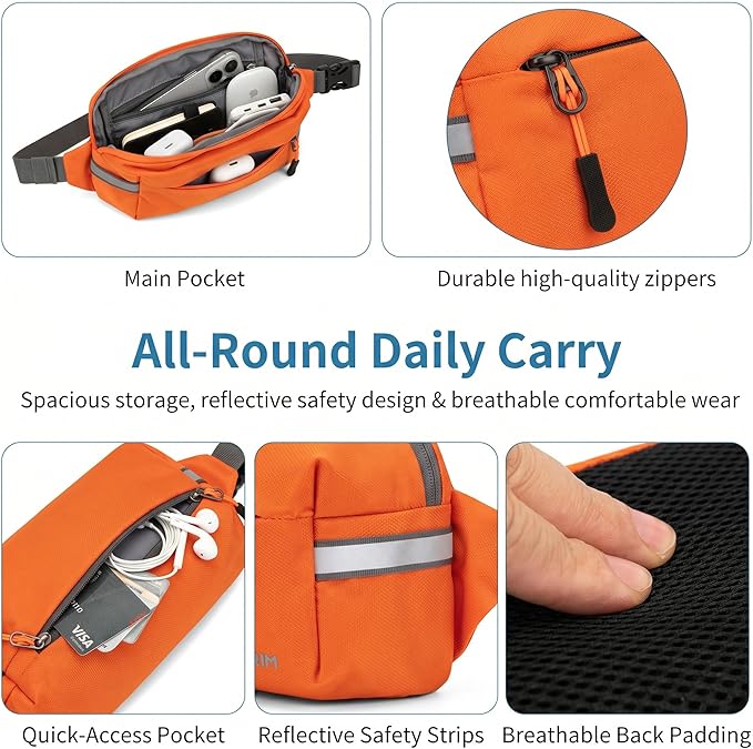 Fanny Pack for Men Women 2L Lightweight Waist Belt Hip Bag Slim Crossbody Adjustable Water Resistant Bum Belt Pouch for Travel Running Shopping Hiking Cycling Climbing EDC ORANG
