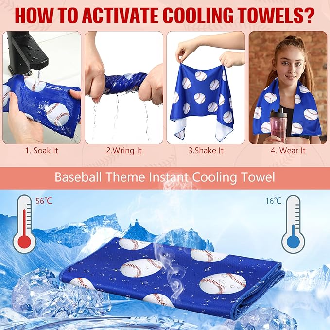 Peryiter 12 Counts Mini Cooling Towel, 30" x 9" Baseball Softball Soccer Golf Sweat Towel, Breathable Chilly Rag, Microfiber Sport Rags for Team Gym Running Coach Gift