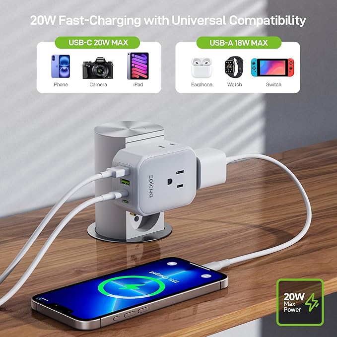 EPICKA Hybrid European Travel Plug Adapter, Foldable Detachable Type C EU VisaPlug, 8-in-1 International Power Adapter with 4 USB Ports (2 USB-C PD 20W),US to Europe, White