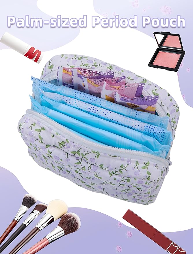 Period Bag for Girls, Quilted Period Pouch for Women, Floral Sanitary Napkin Storage Bag Menstrual Pad Pouches Tampon Holder for Purse Pad Bag Gifts for Teen Girls(Purple)