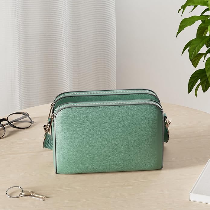 EVVE Crossbody Bags for Women Trendy Triple Zip Small Crossbody Camera Bag Purse with Wide Guitar Strap