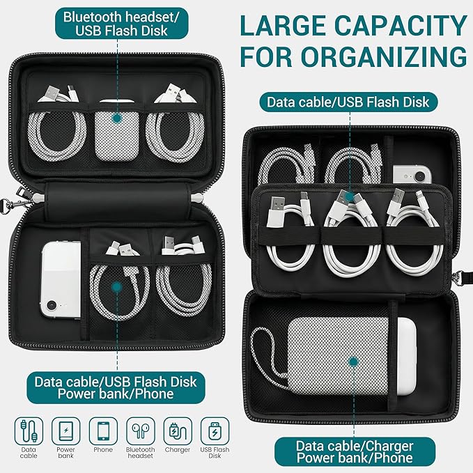 Fireproof Electronics Organizer Travel Case, Water Resistant Tech Accessories Pouch, Explosion-proof Cord Storage Bag with Fireproof Zipper for Phone, Power Bank, Cables, USB, Black