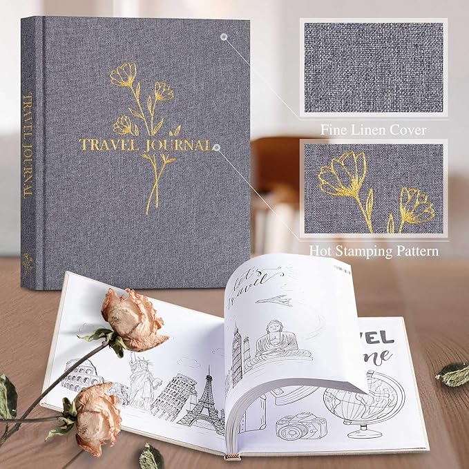 Lanpn Travel Photo Journal Notebook for Women Men, Linen Travel Log Diary Scrapbook Memory Book with Prompts, Anniversary Journals Traveling Gifts (Grey, 110 Pages)
