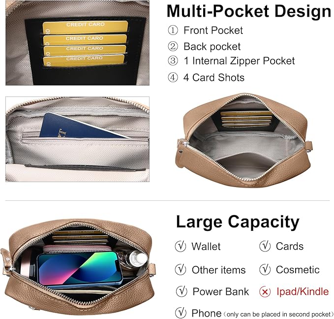 Small Crossbody Bags for Women Genuine Leather, Guitar Strap Shoulder Handbag Purse Camera Bag with Rfid Card Slots, Nude