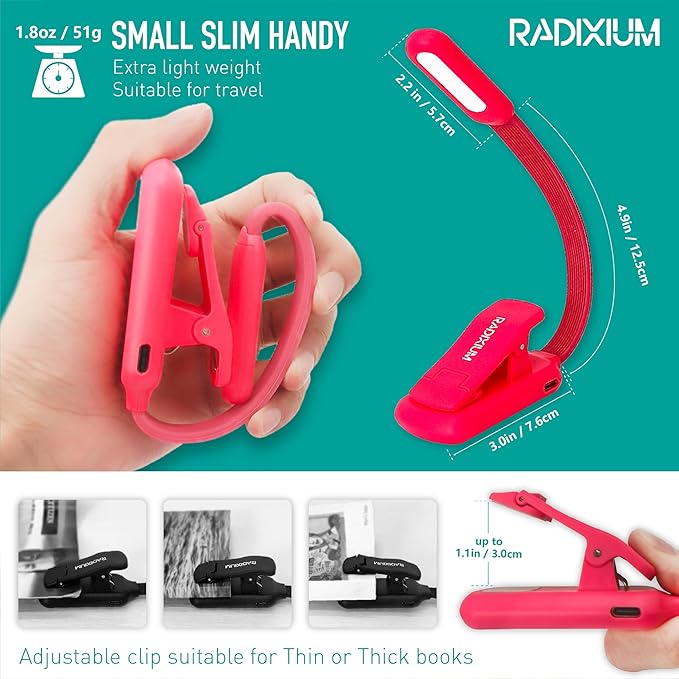 Rechargeable Book Reading Light at Night in Bed, Eye Caring 9 LED with 9 Color Temperatures, Stepless Dimming Brightness, Clip on Book Light, Prefect Elegant White Gift for Book Lover.(Pink)