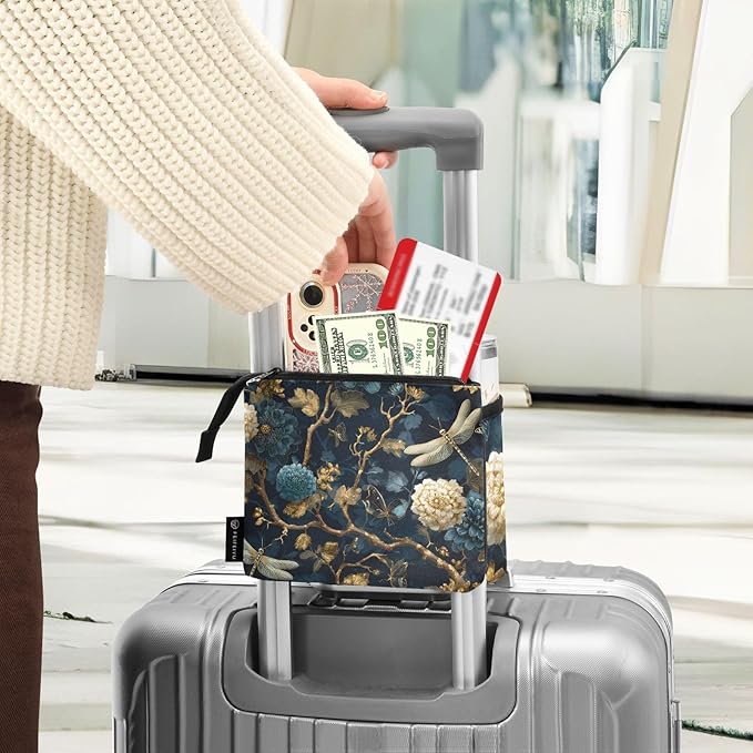 Luggage Cup Holder for Suitcases Free Hands Suitcase Cup Holder Travel Luggage Drink Holder Portable Luggage Cup Caddy Bag Carrier with Handle Mystical Flowers and Dragonflies