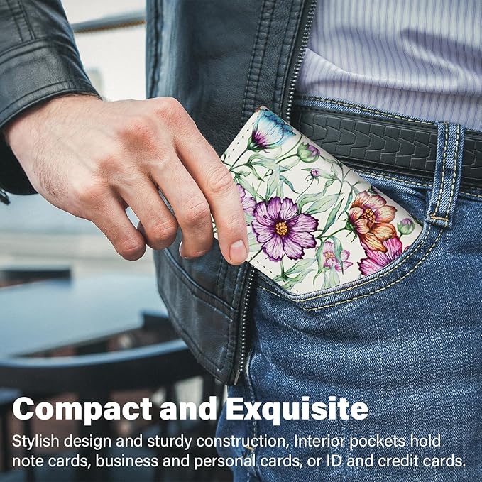 Business Card Holder，PU Leather Business Card Case Color Printing Pattern Card Holder Wallet，Pockets Magnetic Credit Card Holders for Men and Women - Colorful Daisy