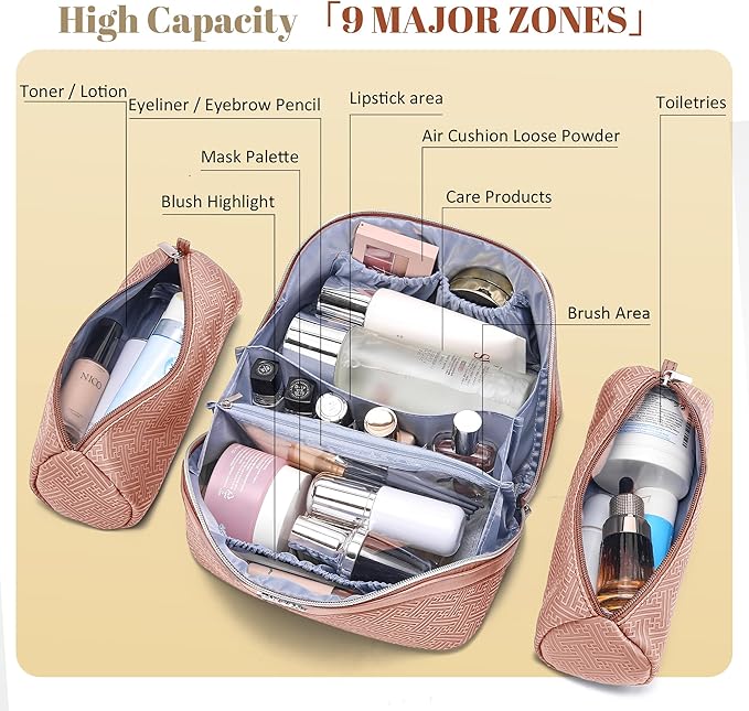 BOYATU Travel Makeup Bags for Women: Vintage Roman Column Texture Large Capacity Cosmetic Bag - Each Journey, Quiet Luxury Serenity - 3 Pcs Set Organizer Toiletry Purse 50% Extra Storage(Pink)