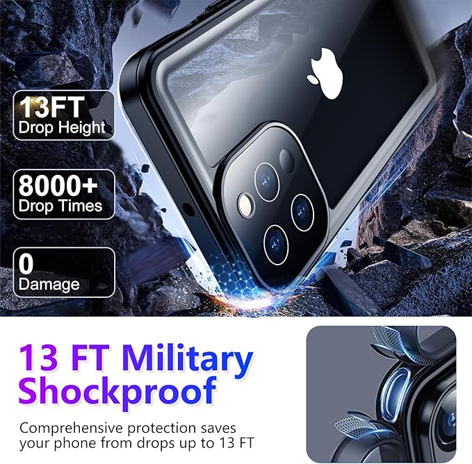 Compatible with iPhone 13 Pro Max Case Waterproof, Built-in Screen & Camera Protector IP68 Underwater Full Body 13FT Military Dropproof Shockproof Phone Case 6.7"-Black/Clear