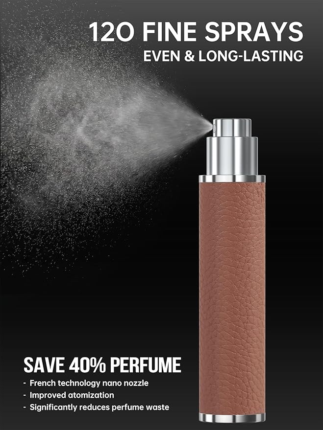 12ml Genuine Leather Perfume Atomizer Refillable, Portable Mini Cologne Sprayer with Magnetic Cap & 3 Refill Tools, Luxury Travel Size Fragrance Spray Bottle for Men & Women (Browm)