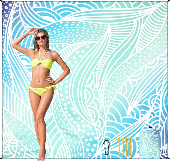 HIHOHO Beach Blanket Waterproof Sandproof Beach Mat for 1-8 Adults Quick Drying Durable Outdoor Picnic Mat for Beach Festival Travel Camping Hiking (Gradiant BL-Ripple, 79"×83"(4 Person))