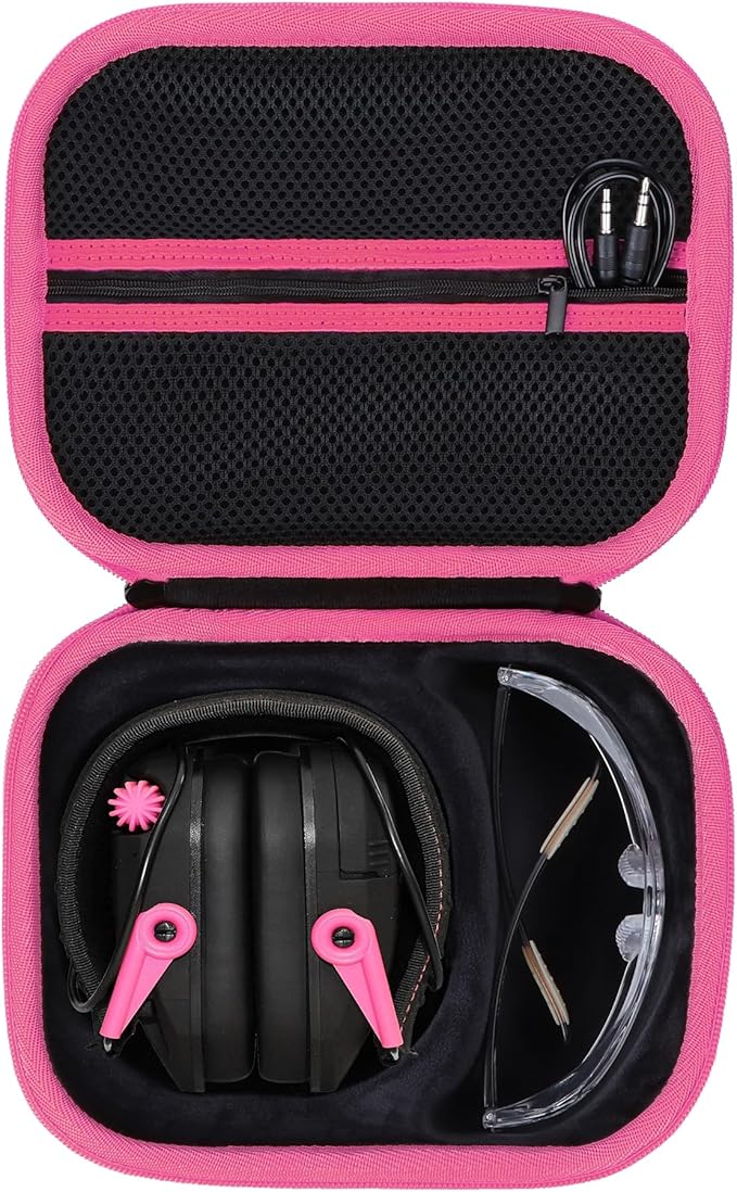 Lebakort Storage Case Compatible with Walkers Razor Slim/Howard Leight Honeywell Impact Sport/PROHEAR 066 030 Electronic Shooting Earmuffs Hearing Protection Muffs (Black + Pink Case)