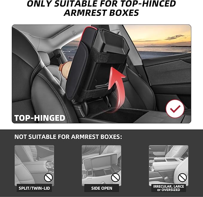 5 in 1 Car Center Console Cover, Armrest Pad with 2 Storage Pockets, Cup Holder, Tissue Slot, Phone Holder, Nappa Leather Memory Foam Car Accessories for SUV Sedan Truck (Black Red Stitch)