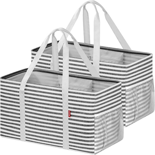 LHZK 2 Pack Extra Large Utility Tote Bag with Metal Wire Frame and the Sides Rinforced, Extra Large Tote Bag with Handle for Pool Beach Laundry Storage, Black