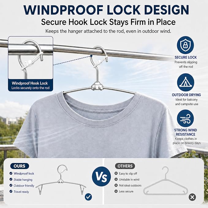 5 Pack Silver Travel Hangers with Clips, Portable Stainless Steel Folding Clothes Hangers with Windproof Hook, Heavy Duty Non-Slip Space Saving Hangers for Cruise Essentials, Camping, Hotel