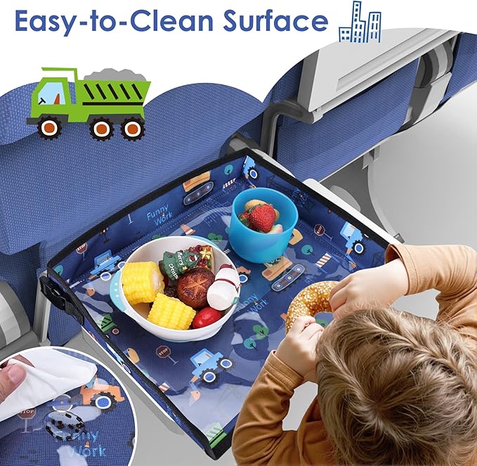 Kids Tray Table Cover, Airplane Tray Cover with Pockets, Airplane Travel Essentials for Kids, Portable Airplane Must Haves for Toddler on Plane or Train and Flying Supplies (Dark Blue)