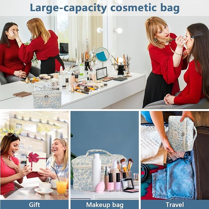 Gosect Large Makeup Bag, Cute Cosmetic Bag for Women Girls, Floral Coquette Aesthetic Toiletry Bag, Travel Make Up Organizer Bag ((White Butterfly Flower))