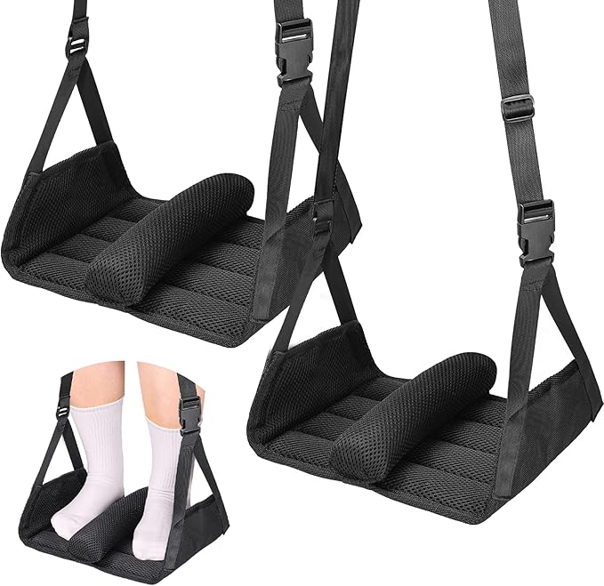 Babenest 2pcs Airplane Foot Hammock, Foldable Leg Rest Support with Adjustable Straps to Relieve Swelling, Portable Under Desk Flight Footrest Holder for Air Travel, Office & Car