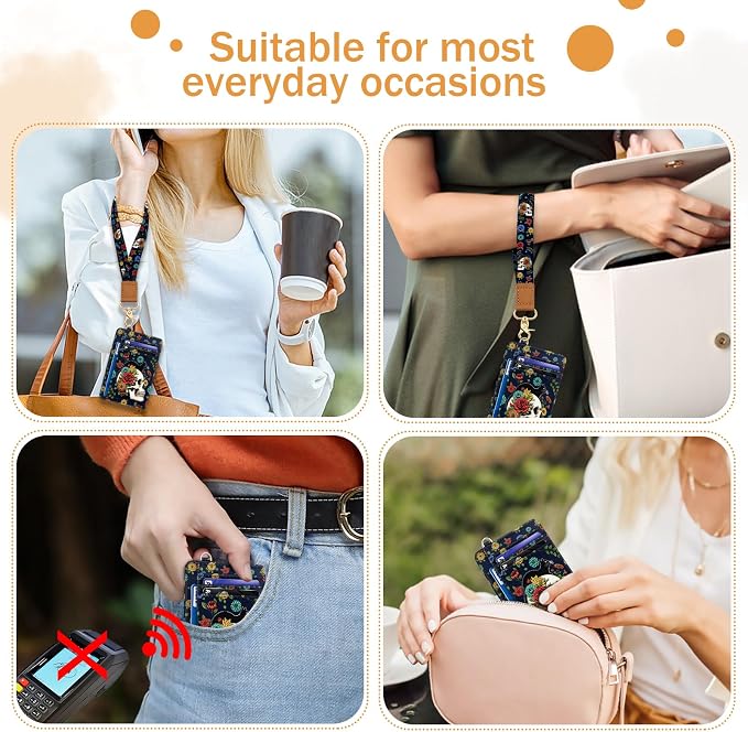 Yonlevres Skull Cat Credit Card Holder Slim Wallet, RFID Wallet Women Front Pocket Wristlet Lanyard, Small Card Holder Travel Funny Cute Thin Card Case ID Window PU Leather Card Organizer Gifts Girls