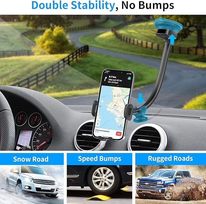 APPS2Car 14'' Gooseneck Car Phone Holder,Heavy Duty Phone Holder for Truck, [Flexibile Long Arm] [Anti Shake stabilizer] Windshield Car Phone Mount Suction Cup,Fit for iPhone, Samsung (Mirror Black)