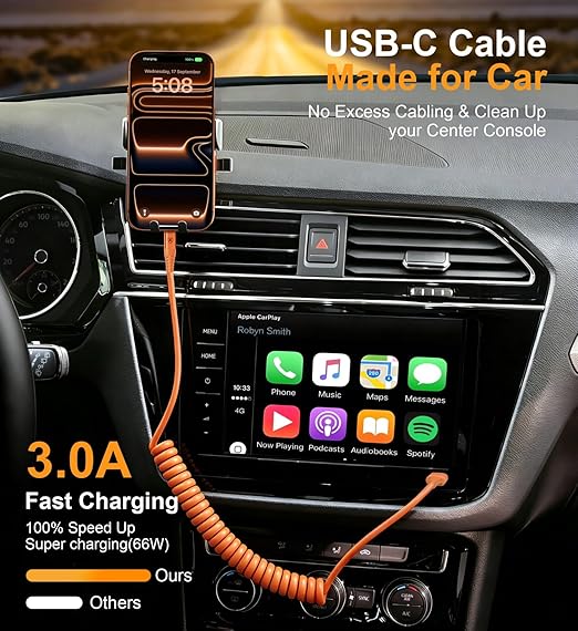 Coiled USB A to USB C Cable for Car [3FT+6FT], USB to USB C Cable Fast Charging 60W, USB Type C Cable iPhone Charger USBC Cord for iPhone 17/16/15/Pro Max/Plus/Samsung Galaxy S26/S25/Ultra-Orange