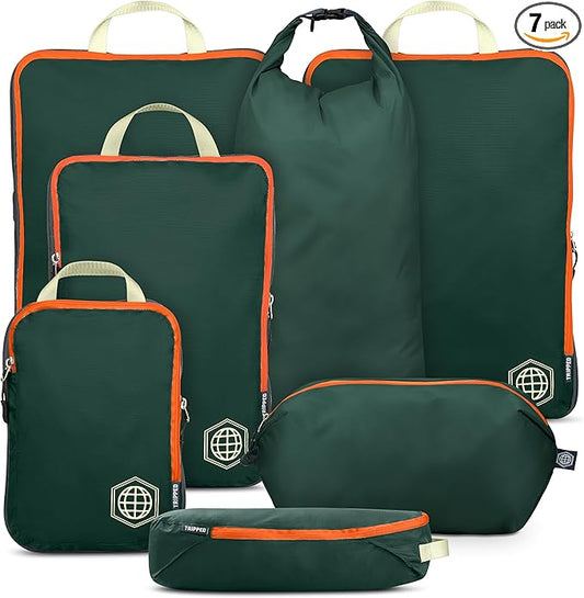 Large Compression Packing Cubes for Travel-Packing Cube Luggage Organizers 7 Piece Set for Checked Luggage-Ultralight, Expandable/Compression Bags by TRIPPED Travel Gear (Green/Orange)