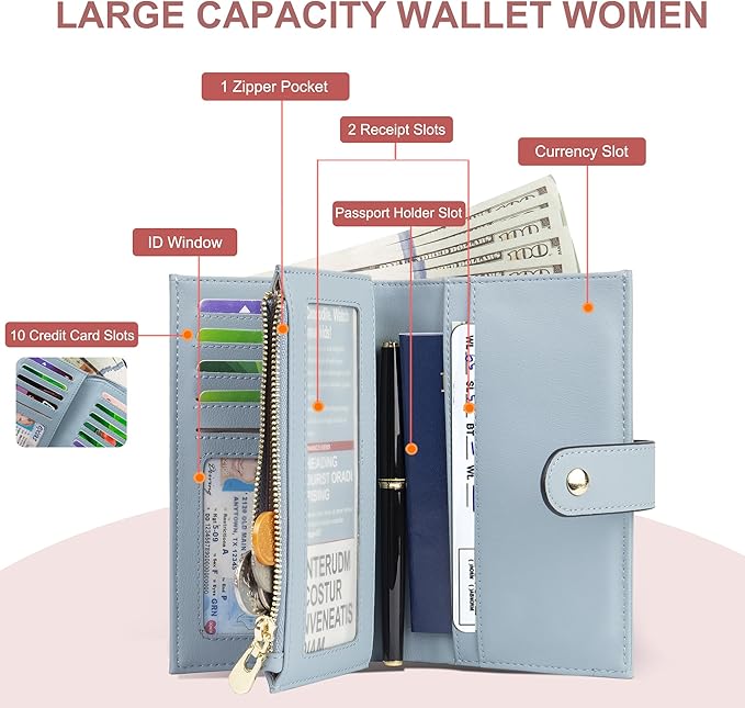 yiijay Womens Wallet RFID Blocking Vegan Leather Trifold Clutch Credit Card Holder Ladies Travel Wallet Purse with Pen Holder