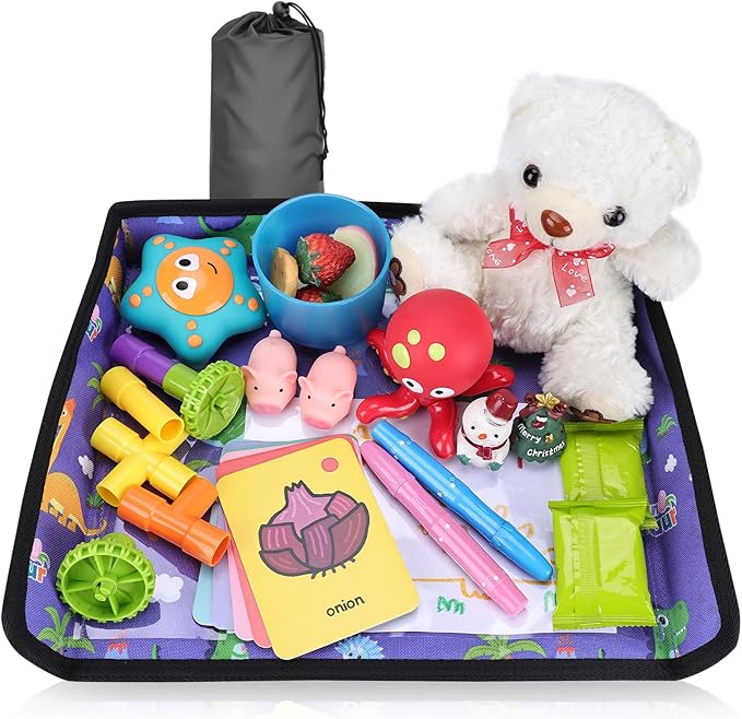 Kids Tray Table Cover, Airplane Tray Cover with Pockets, Airplane Travel Essentials for Kids, Portable Airplane Must Haves for Toddler on Plane or Train and Flying Supplies (Blue)