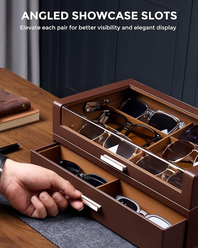 ProCase 12 Slots Sunglasses Box Organizer with L-Shaped Clear Lid, Multiple Pairs Glasses Display Holder Eyewear Eyeglass Eye Glass Storage with Drawer for Men -Espresso