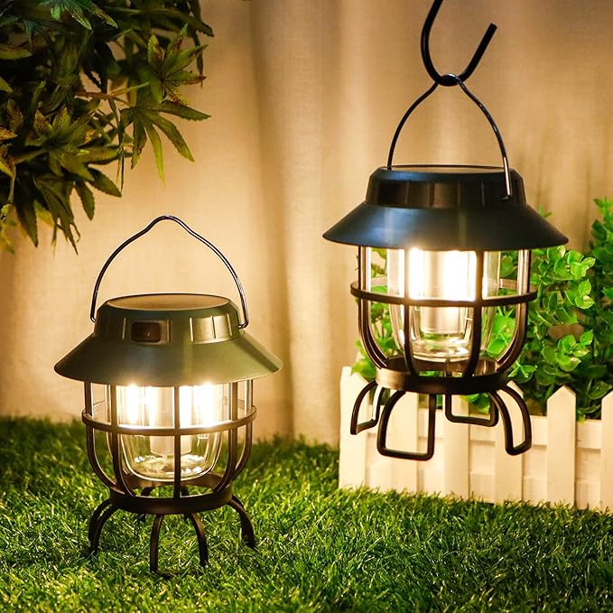 TRIROCKS Set of 2 LED Solar Camping Lantern Dimmable Rechargeable Lantern IPX3 Water-Resistant Portable Emergency Lights Outdoor Camping Lights for Camping Home Power Outage Hurricane Hiking (Green)
