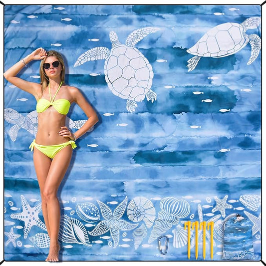 HIHOHO Beach Blanket Waterproof Sandproof Beach Mat 79”x 83” for 1-8 Adults Quick Drying Durable Outdoor Picnic Mat for Beach Festival Travel Camping Hiking (Ink Turtle-BL, 79"×83"(4 Person))
