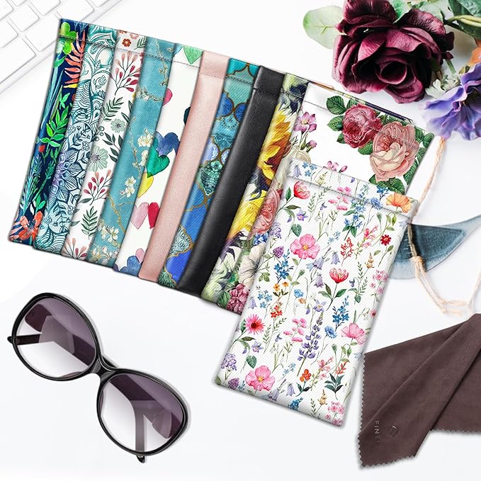 FINTIE Soft Eyeglasses Case with Cleaning Cloth, Portable Squeeze Top Vegan Leather Glasses Pouch, Sunglasses Eyewear Bag