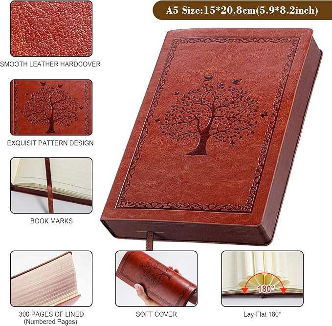 Fetinar Leather Journal Notebook,300 Pages Hope Tree Softcover Lined Notebook for Women Men,300 Travel,Business,Work,Office,School Note Taking,5.7'' X 8.3''(brown)