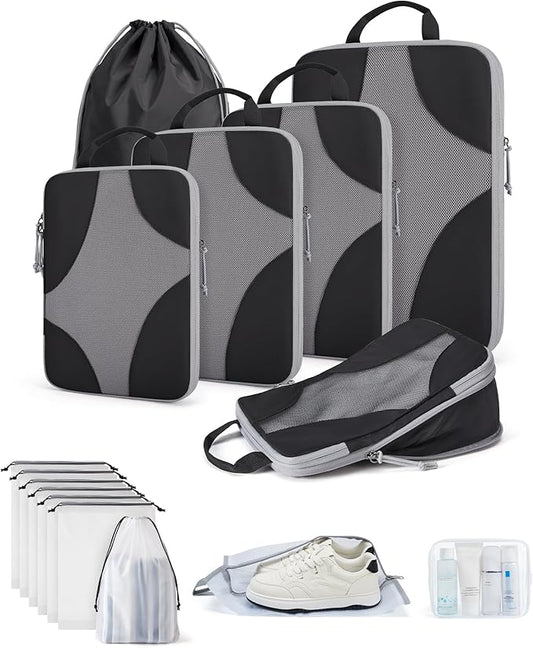 BAGSMART Compression Packing Cubes for Travel, 6 Set/14 Set Compressible Luggage Organizer for Cruise Ship, Lightweight Travel Essentials (1L+2M+2S+Shoe bag+Drawstring bag+Toiletry bag+6Plastic bags)