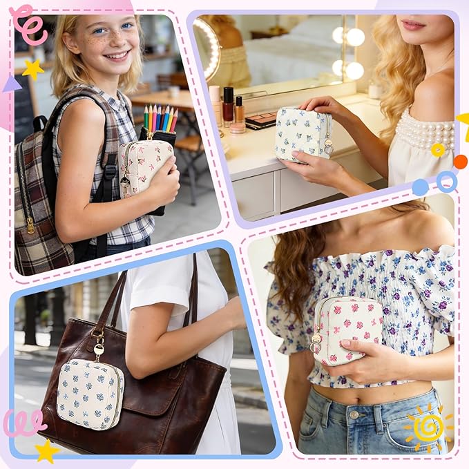 Floral Period Bag, Small Period Pouches for Teen Girls, Quilted Sanitary Napkin Storage Bag, Compact Discreet Pad and Tampon Holder for Purse (Floral-Rose Blue)