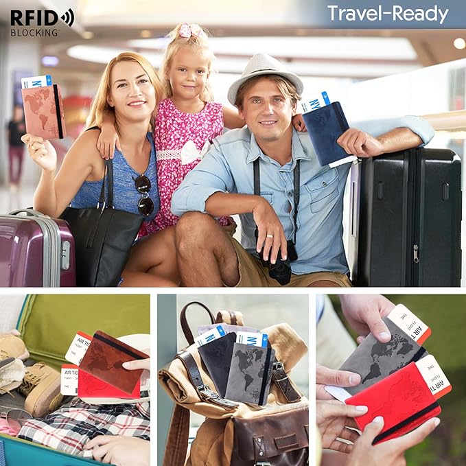 Passport Holder and Card Slot Combo RFID Blocking Leather Personalized Travel Passport Wallet for Men and Women US Passport Cover Protector (Map black)