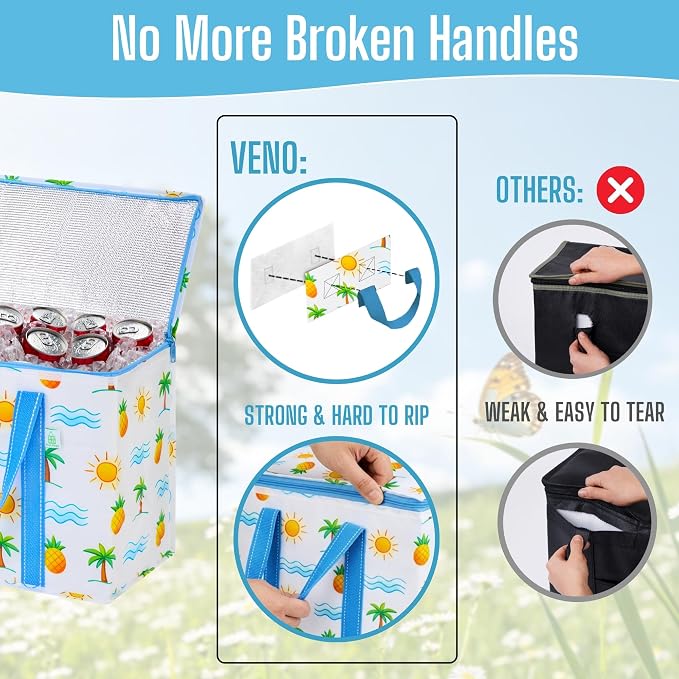 VENO 2 Pack Insulated Cooler Bag, Reusable Grocery Shopping Bag for Food Delivery, Heavy Duty, Large Size, Durable Handles, Double Zippers, Lid, Collapsible (Tropical Island, 2 Pack)