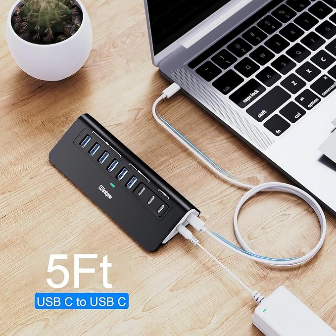 Powered USB Hub 10Gbps, intpw YH6AC 9-Port USB HUB with USB A/USB C 3.2, 4 USB 3.0, 2 PD 45W Charging Port, 65W Power Adapter + 5FT Cable, Aluminum USB Hub for Laptop, PC,iPhone 17/16